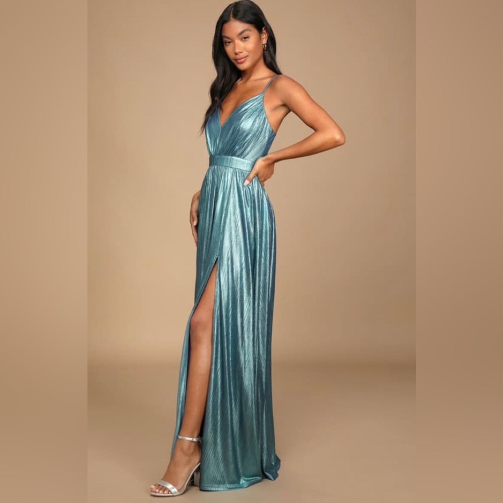Lulus Beyond Exquisite Blue Metallic Lurex Maxi Dress